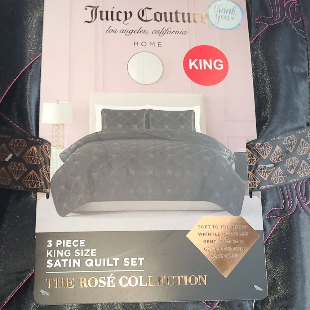 Juicy Couture Black and Pink Satin Quilt Set - King